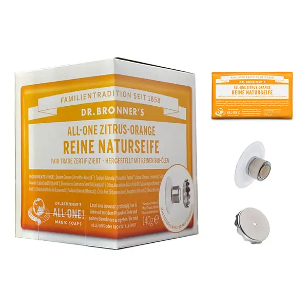 Dr. Bronner's SET- MAGNETSEIFENHALTER PLUS STÜCKSEIFE ZITRONE-ORANGE - Outdoor Seife Neu Im Sortiment